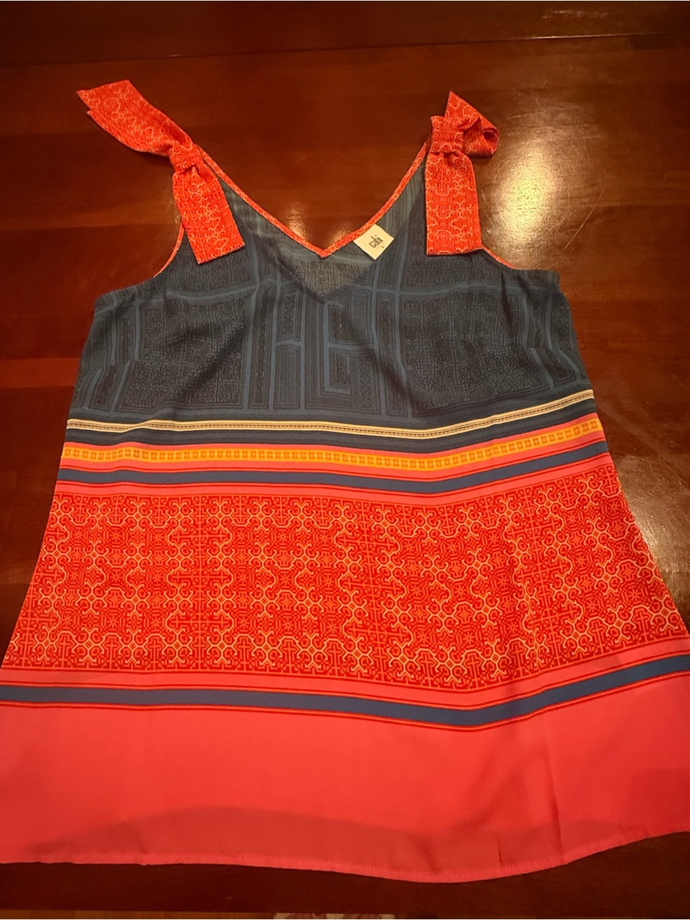 CAbi Navy and Coral Bow-Shoulder Camisole